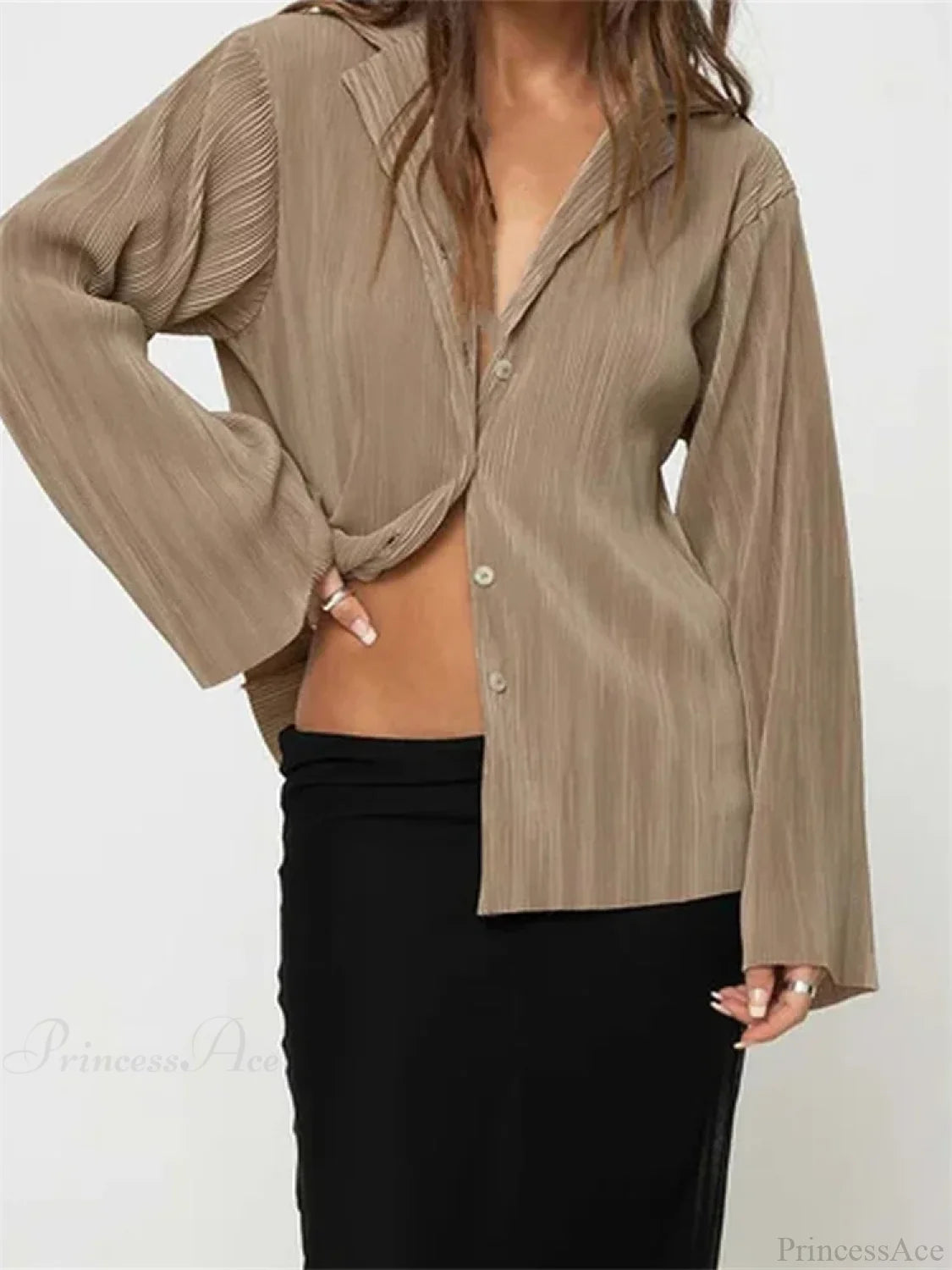 Pleated V-neck Button-Down Blouse brown / S blouse-250223