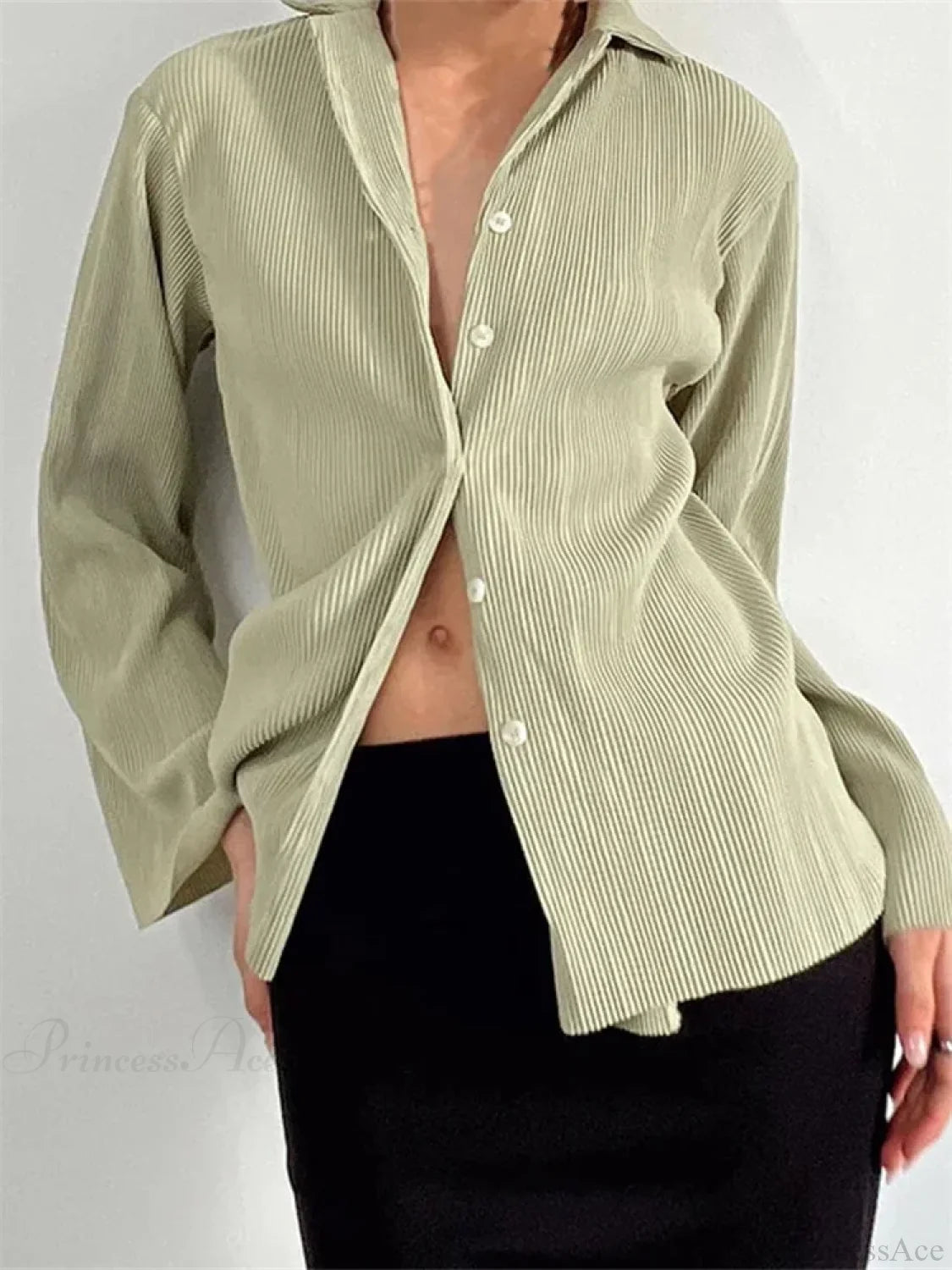 Pleated V-neck Button-Down Blouse green / S blouse-250223