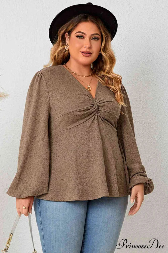 Plus Size Twist Front Balloon Sleeve Blouse Taupe clothes HS long sleeve long sleeve shirts long sleeve top Ship From Overseas shirt shirts top tops