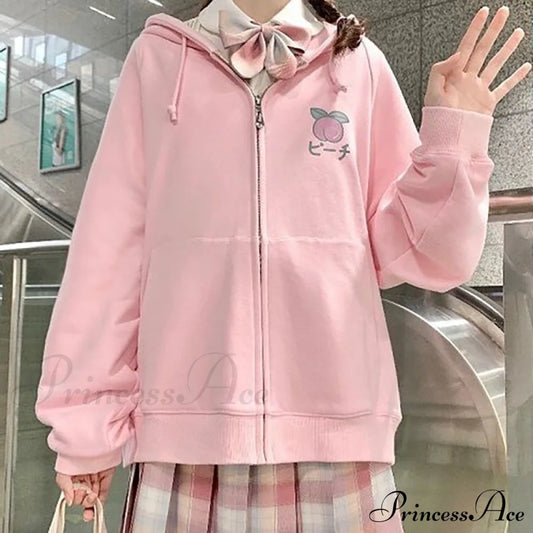Plus Hoodie Design Women Fruit Sweatshirt Harajuku Loose Thin Zipper Sweet Pink Pocket Cute Size
