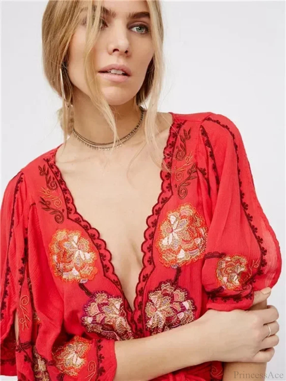 Plus Size Button Up Chiffon Holiday Boho Dress Red / S bohodress-250126