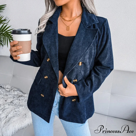 Plus Size Double Breasted Corduroy Long Sleeve Work Office Boyfriend Blazer Chic Stylish Elegant