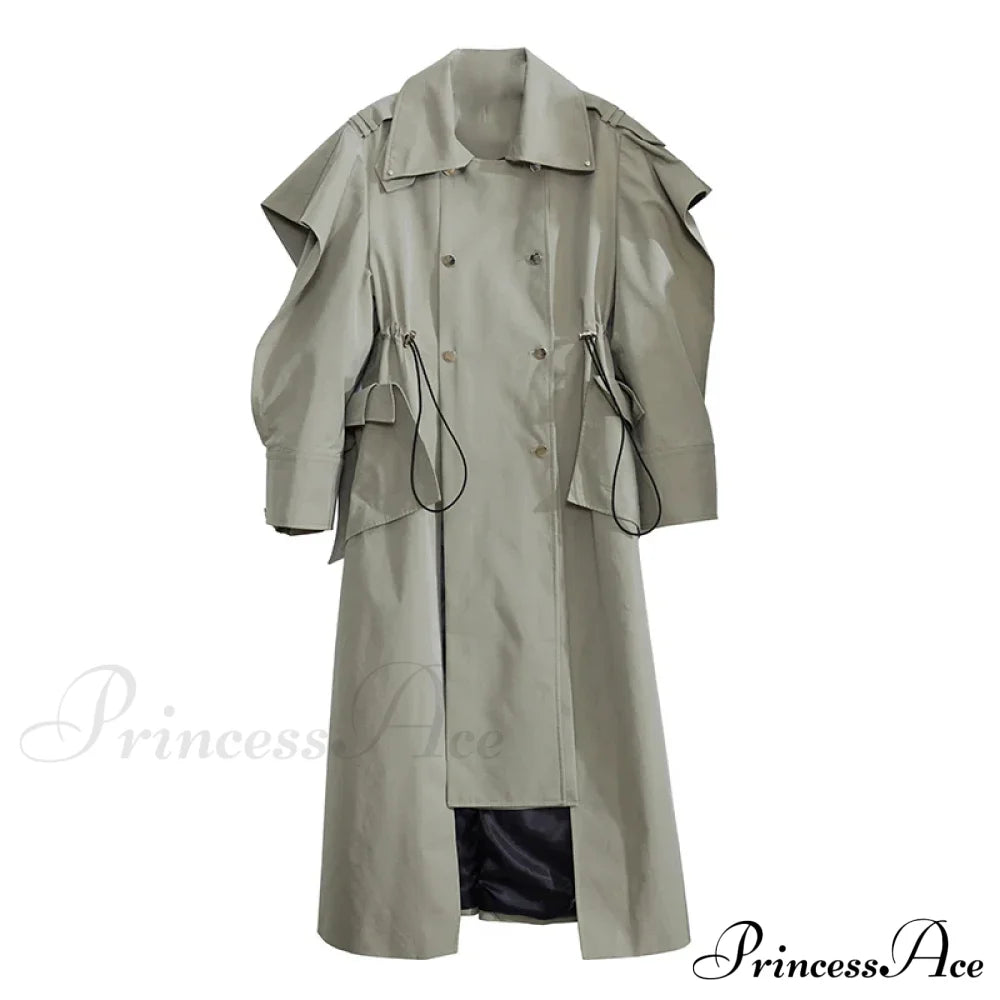 Plus Size Elegant Long Drawstring Waist Double Breasted Luxury Designer Stylish Coat Green / S