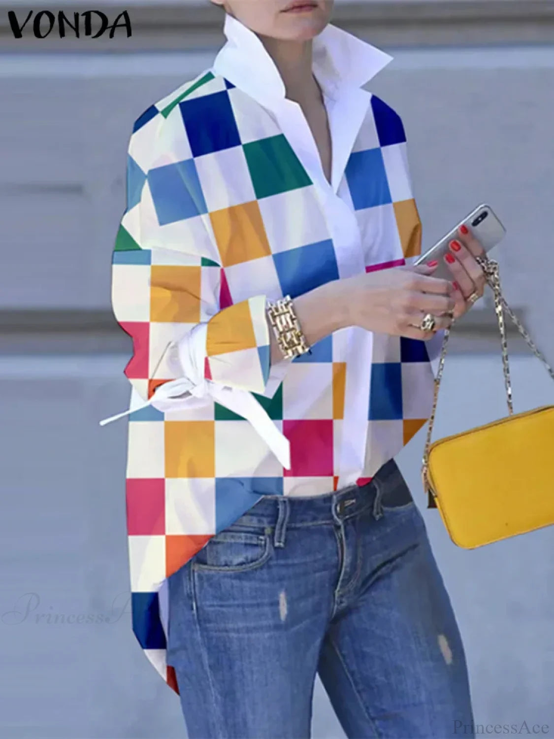 Plus Size Patchwork Plaid Turn-down Collar Blouse Colorful / 0XL blouse-250126