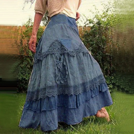 Plus Size Women’s Summer Vintage Ruffles Oversized Lace Maxi Skirts Blue / S skirt-250126