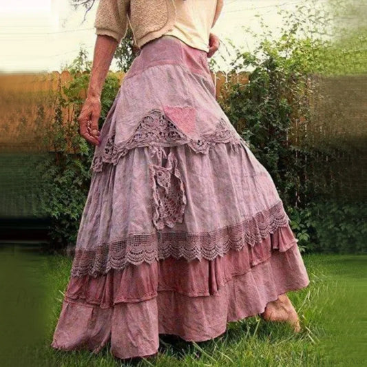 Plus Size Women’s Summer Vintage Ruffles Oversized Lace Maxi Skirts Pink / S skirt-250126