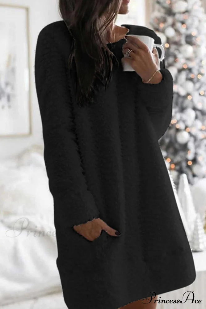 Plush Crew Neck Dress With Pocket Black / S Mini Dresses