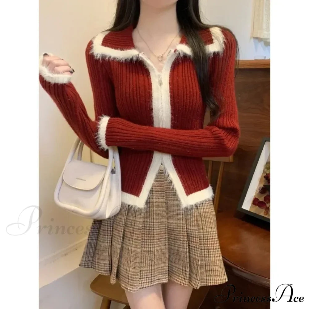 Plush Knitted Slim-Fit Zipper Cardigan Cardigan-241208