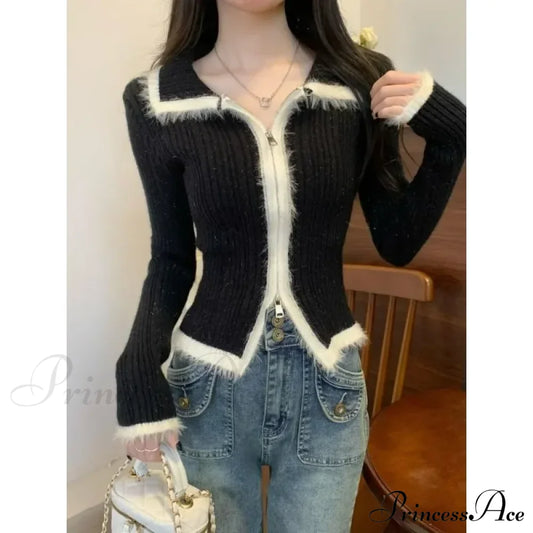 Plush Knitted Slim-Fit Zipper Cardigan Cardigan-241208