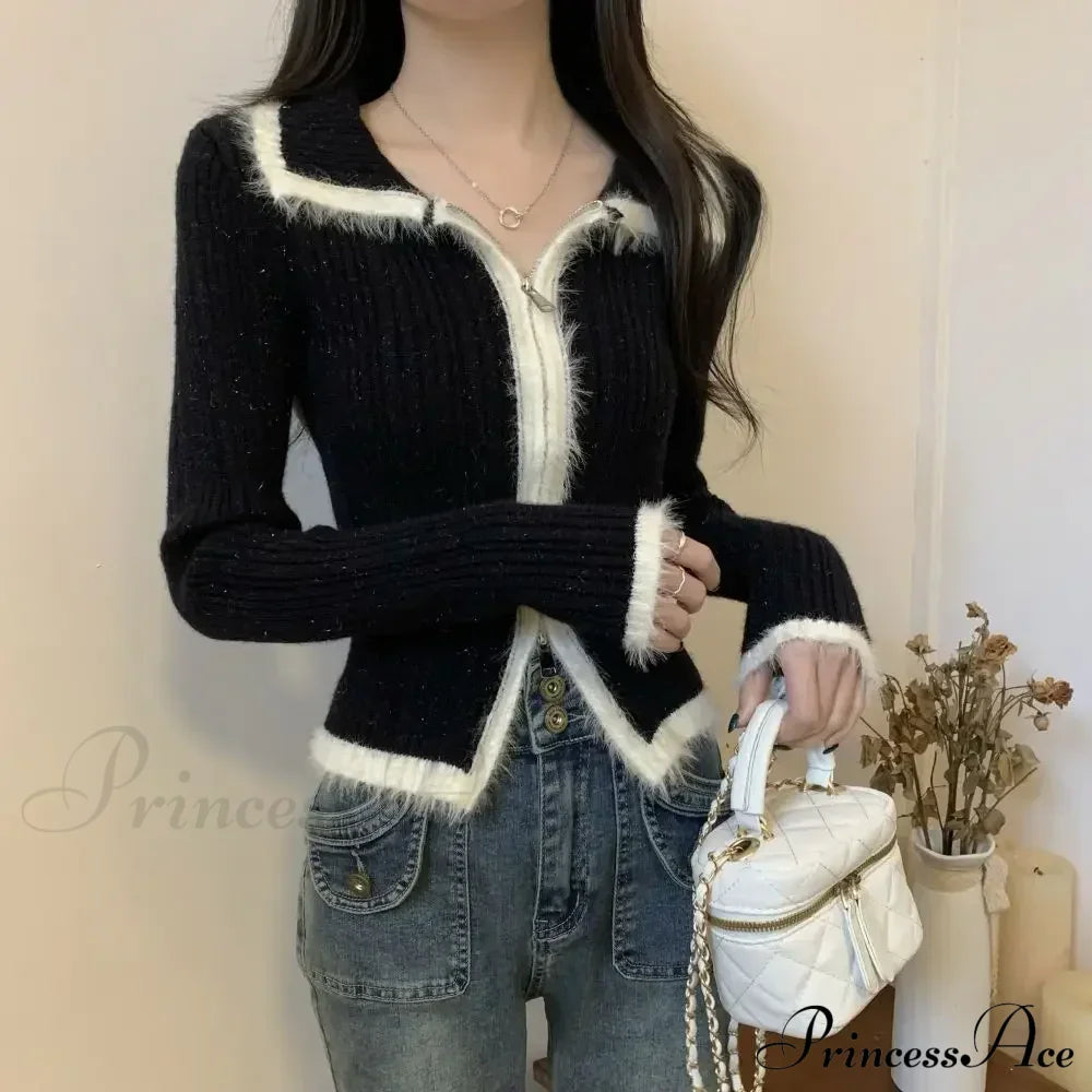 Plush Knitted Slim-Fit Zipper Cardigan Black / S Cardigan-241208