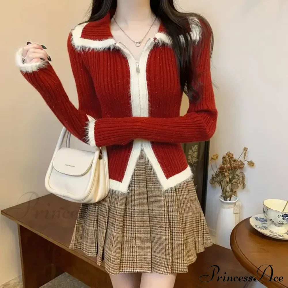 Plush Knitted Slim-Fit Zipper Cardigan Red / S Cardigan-241208