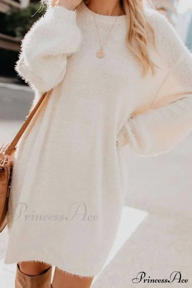 Plush Long Sleeve Crew Neck Dress Apricot / S Mini Dresses