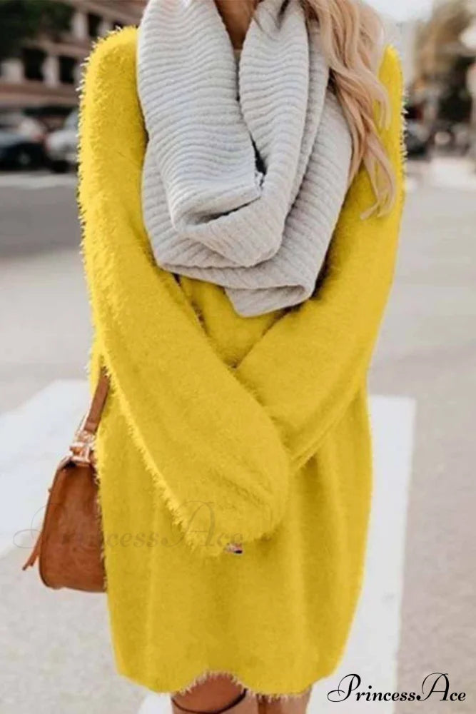 Plush Long Sleeve Crew Neck Dress Yellow / S Mini Dresses