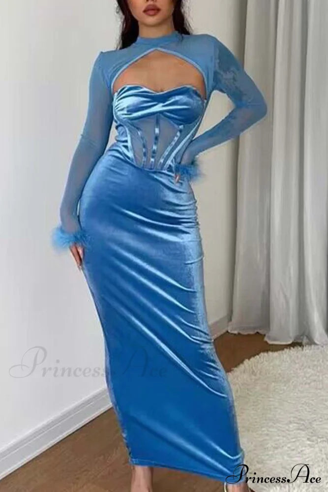 Plush Mesh Patchwork Corset Midi Dress With Hollow Detail Blue / M Dresses