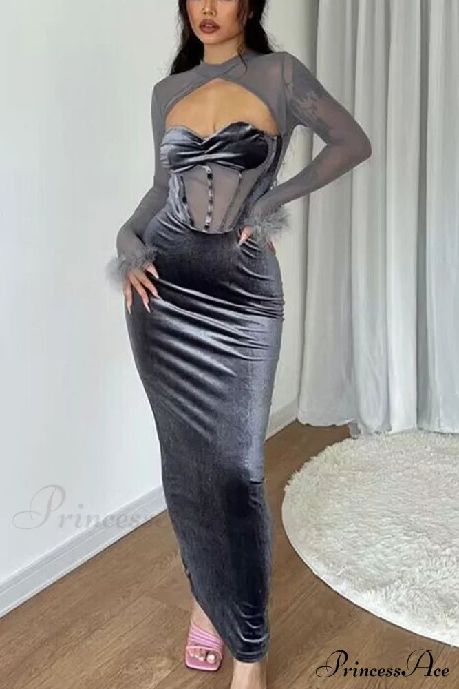 Plush Mesh Patchwork Corset Midi Dress With Hollow Detail Grey / S Dresses