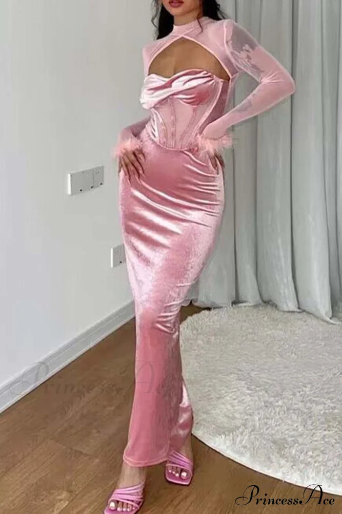 Plush Mesh Patchwork Corset Midi Dress With Hollow Detail Pink / L Dresses