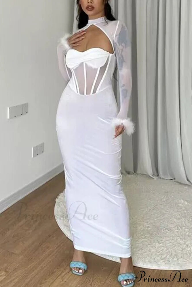 Plush Mesh Patchwork Corset Midi Dress With Hollow Detail White / L Dresses