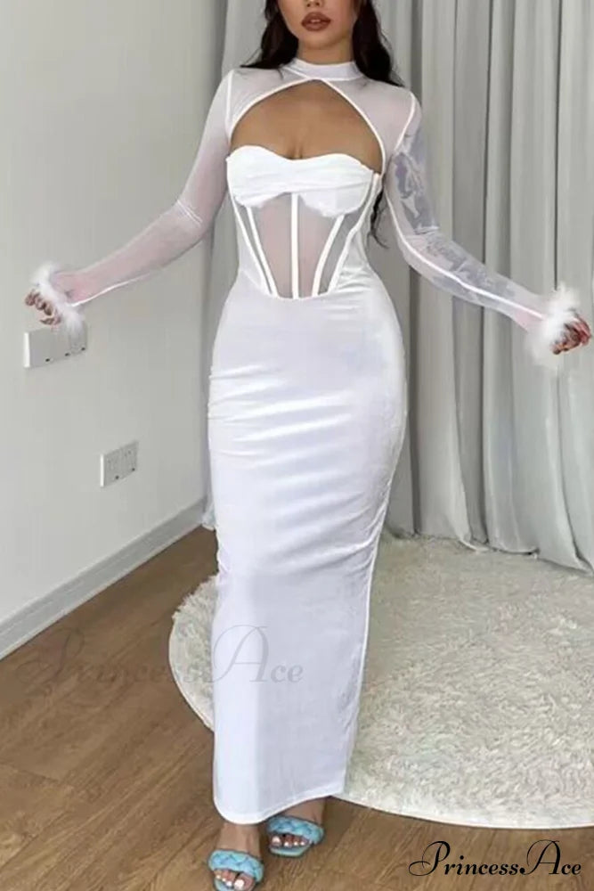 Plush Mesh Patchwork Corset Midi Dress With Hollow Detail White / S Dresses