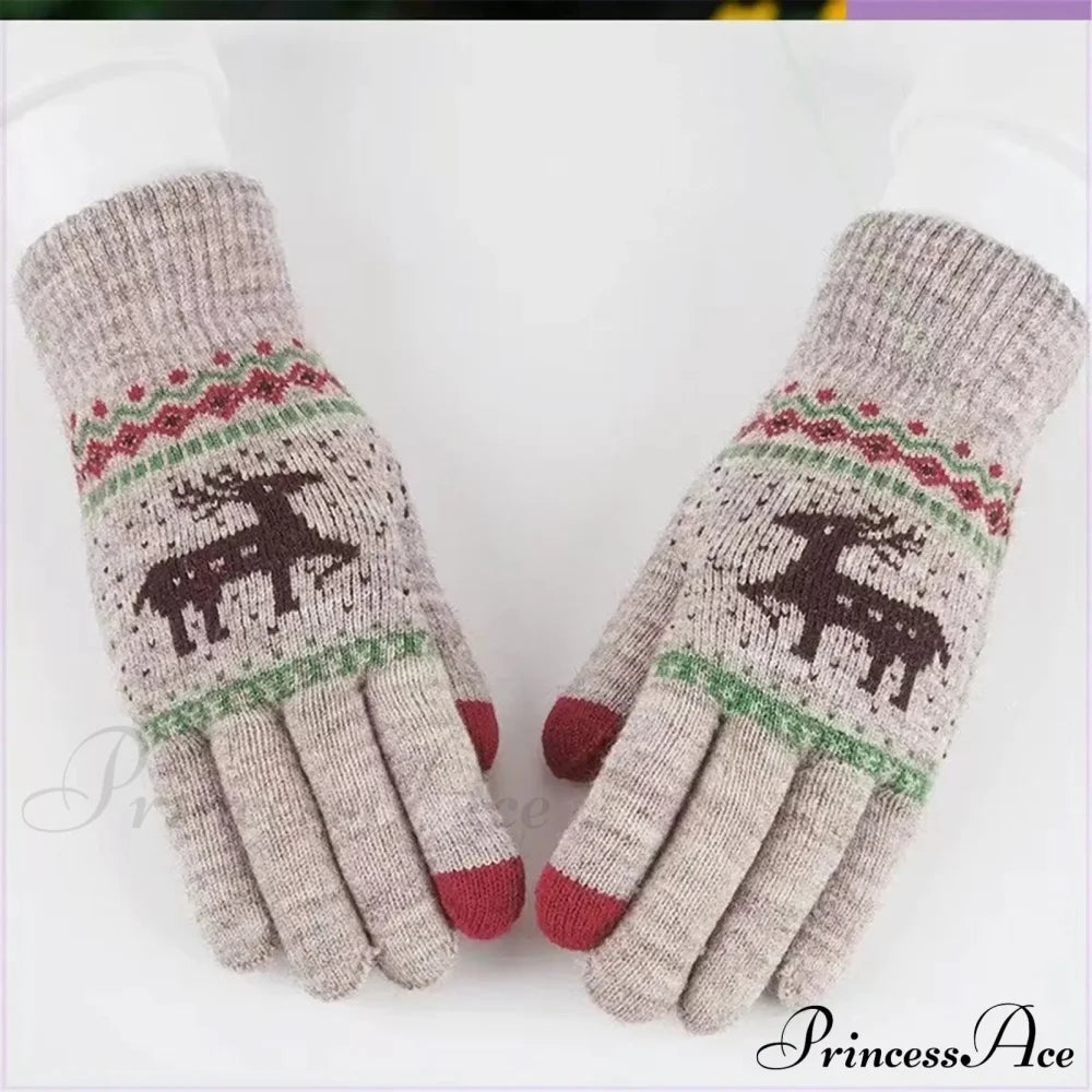 Plush Winter Warm Cycling Anti-Cold Christmas Deer Knitted Touchscreen Gloves Beige / One Size