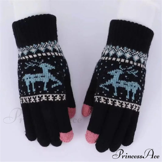 Plush Winter Warm Cycling Anti-Cold Christmas Deer Knitted Touchscreen Gloves Black / One Size