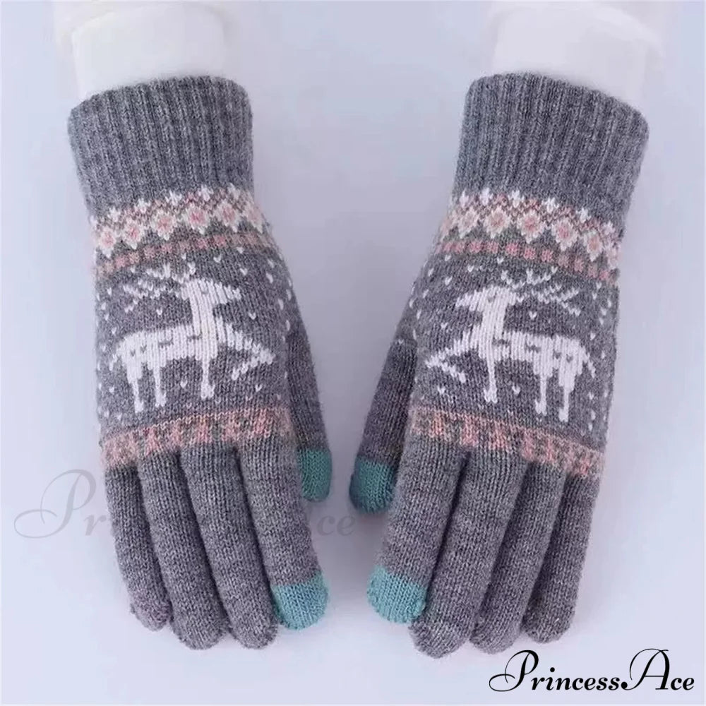 Plush Winter Warm Cycling Anti-Cold Christmas Deer Knitted Touchscreen Gloves Grey / One Size