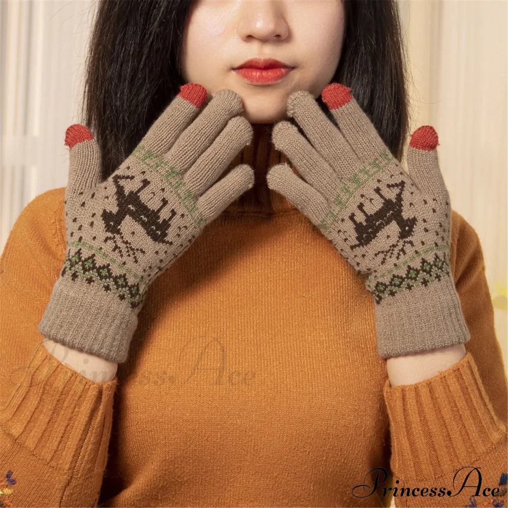 Plush Winter Warm Cycling Anti-Cold Christmas Deer Knitted Touchscreen Gloves Gloves-L