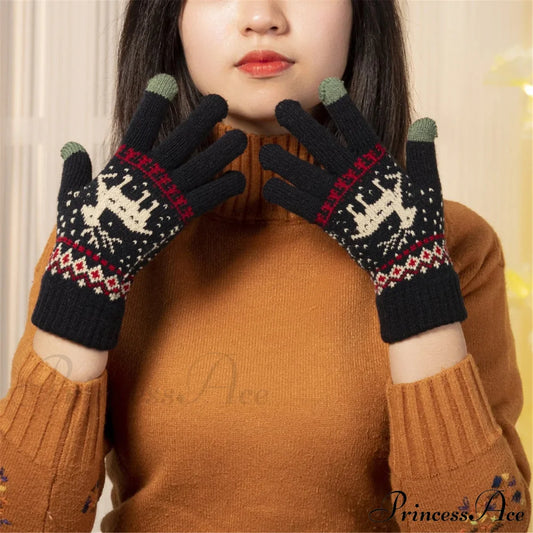 Plush Winter Warm Cycling Anti-Cold Christmas Deer Knitted Touchscreen Gloves Gloves-L