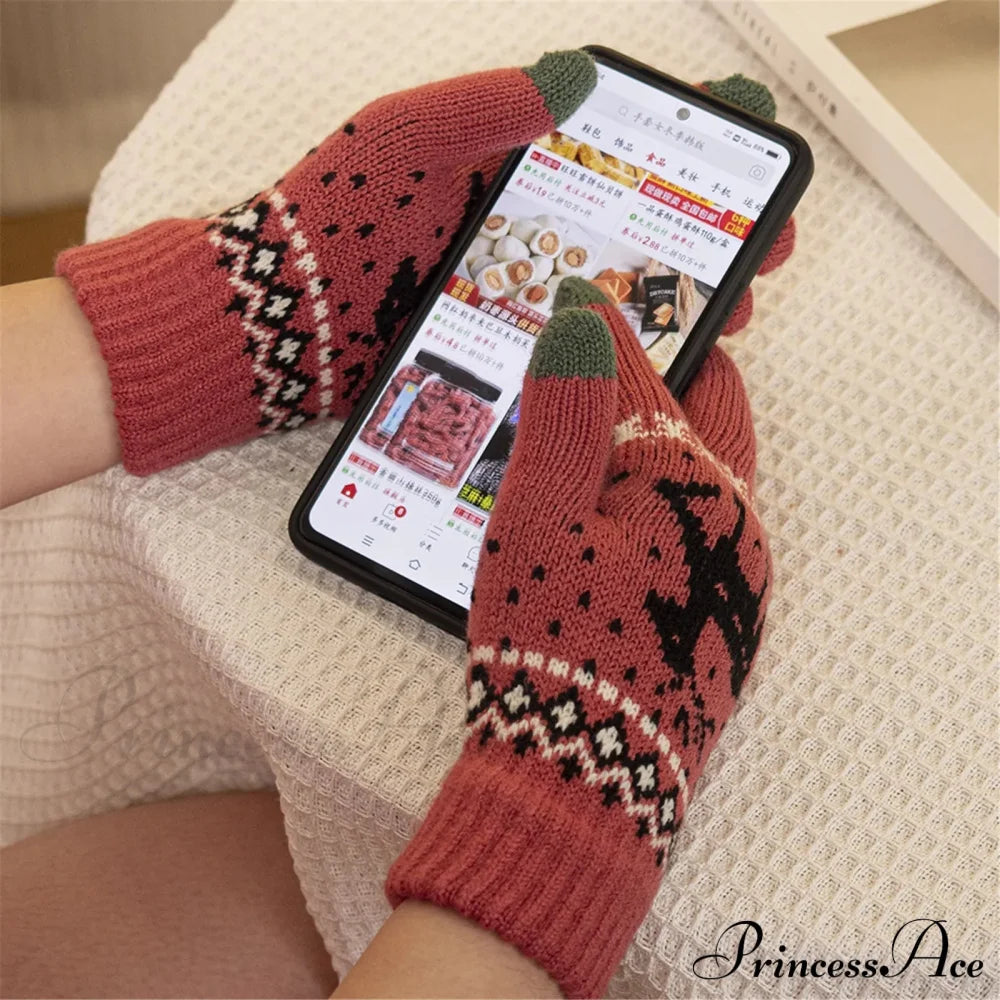 Plush Winter Warm Cycling Anti-Cold Christmas Deer Knitted Touchscreen Gloves Gloves-L