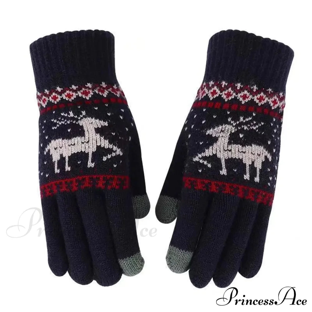 Plush Winter Warm Cycling Anti-Cold Christmas Deer Knitted Touchscreen Gloves Navy Blue / One Size