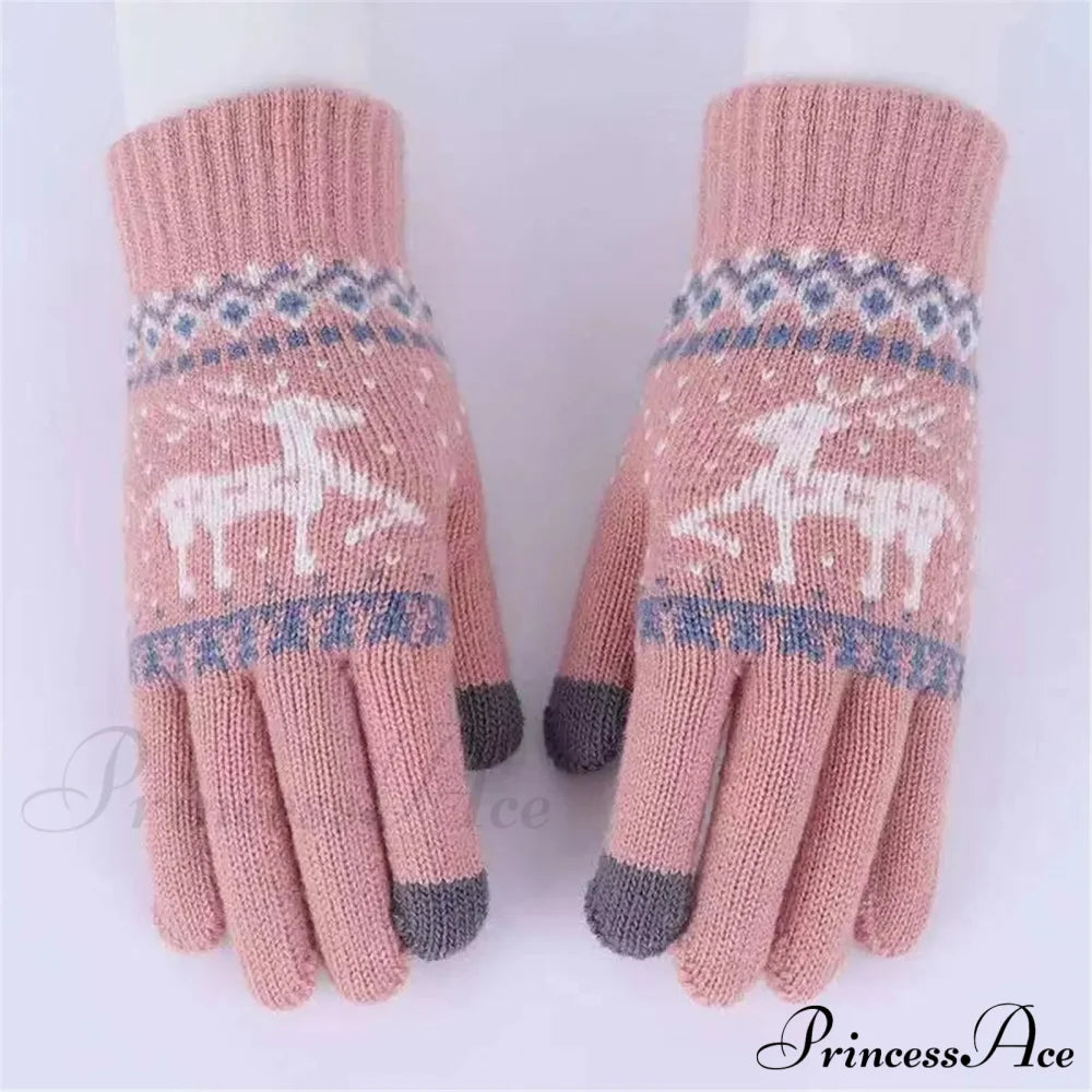 Plush Winter Warm Cycling Anti-Cold Christmas Deer Knitted Touchscreen Gloves Pink / One Size