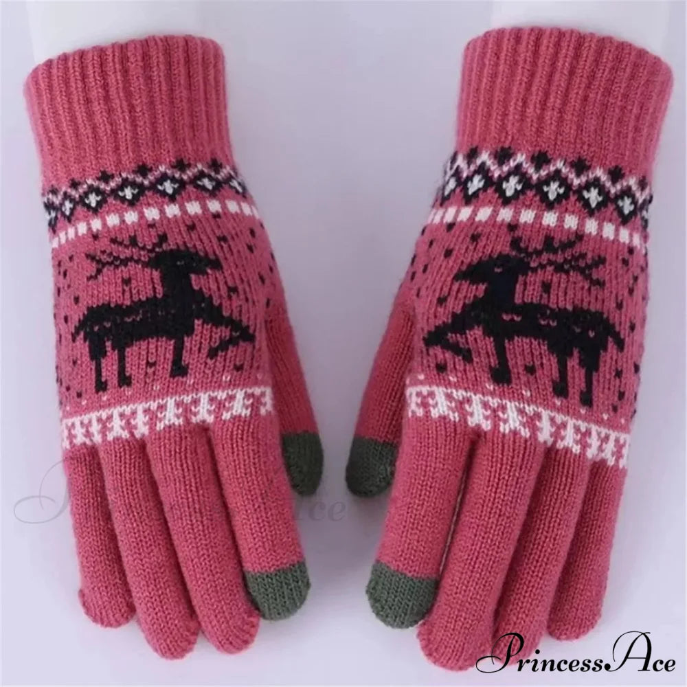 Plush Winter Warm Cycling Anti-Cold Christmas Deer Knitted Touchscreen Gloves Red / One Size