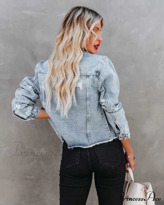 Pocketed Distressed Denim Jacket Coats-L