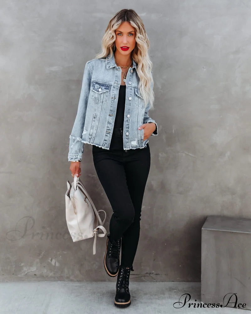 Pocketed Distressed Denim Jacket Coats-L