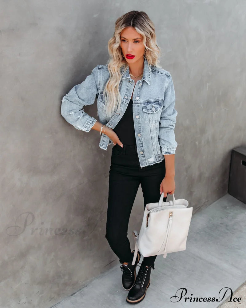 Pocketed Distressed Denim Jacket Coats-L