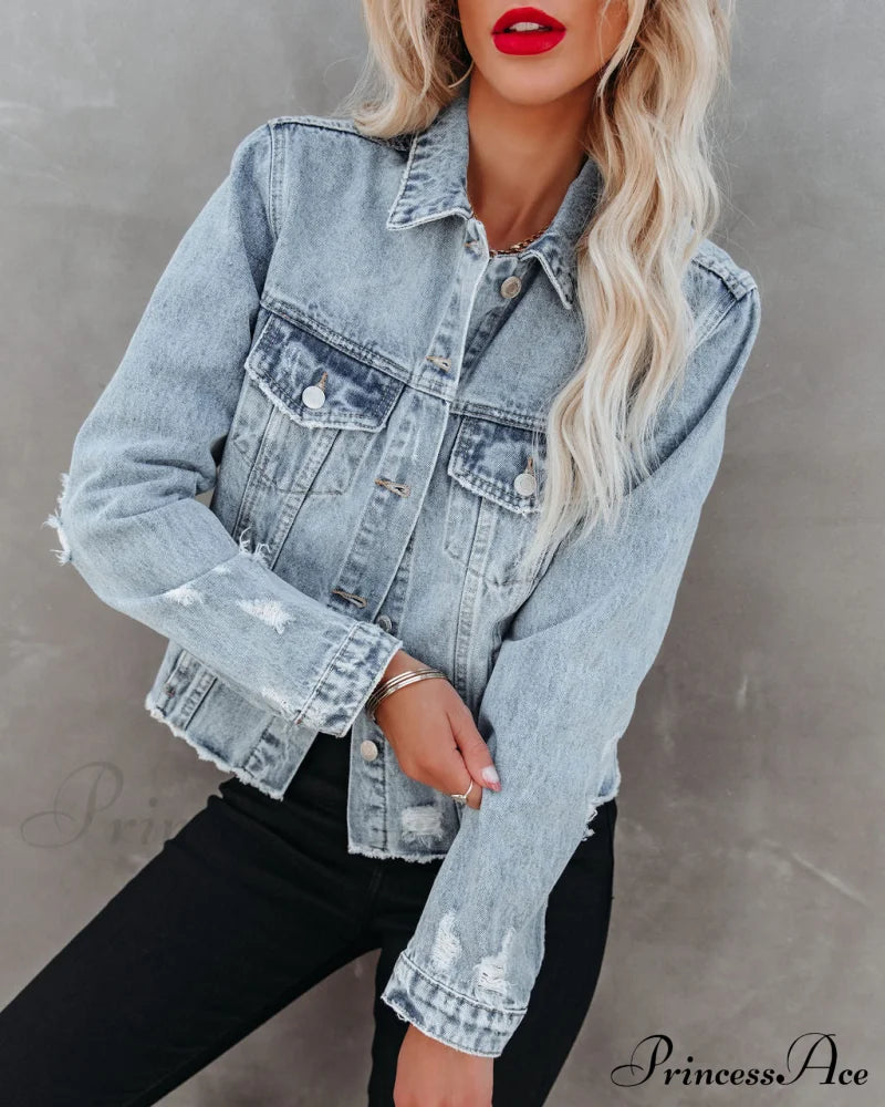 Pocketed Distressed Denim Jacket Coats-L