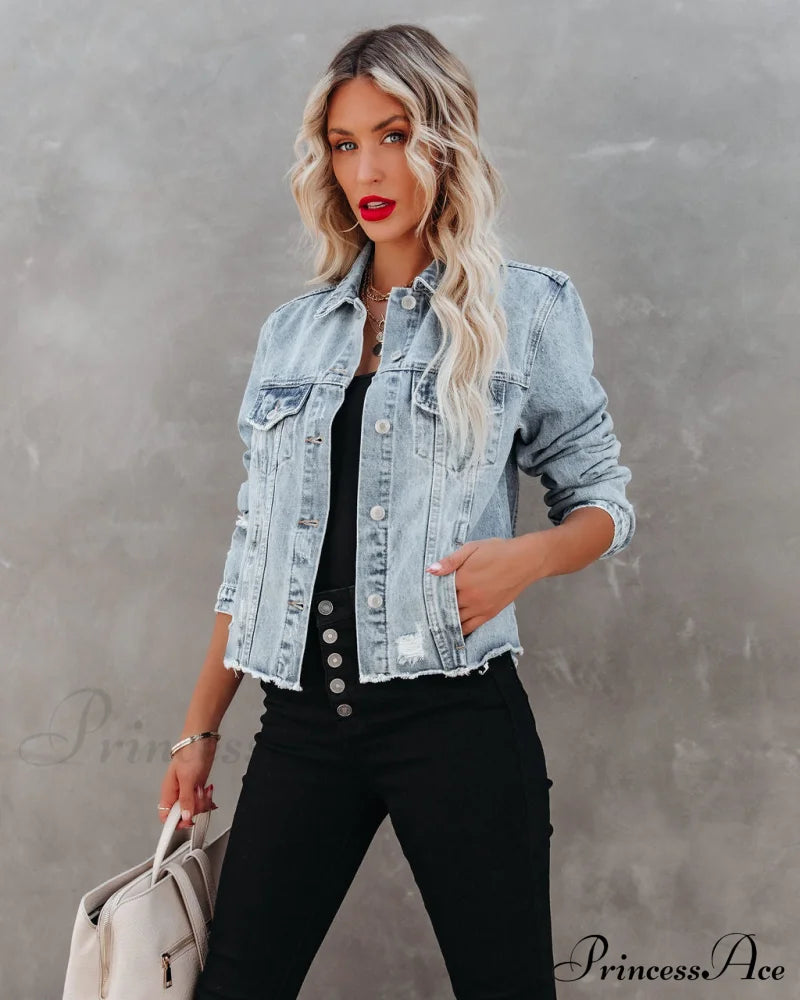 Pocketed Distressed Denim Jacket Coats-L