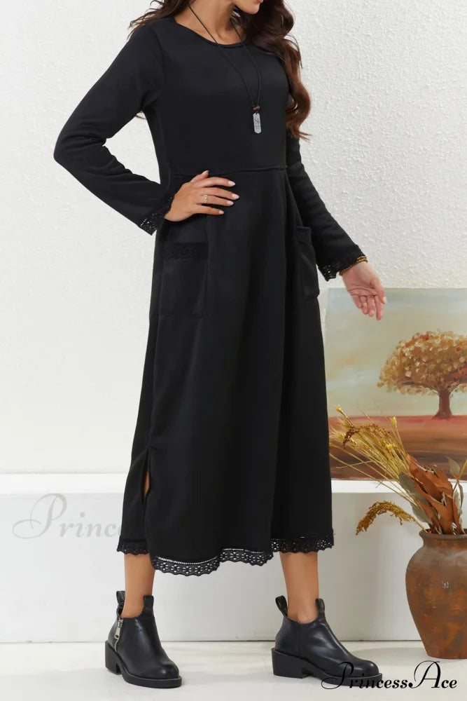 Pocketed Lacework Hem Dress Black / 2Xl Midi Dresses