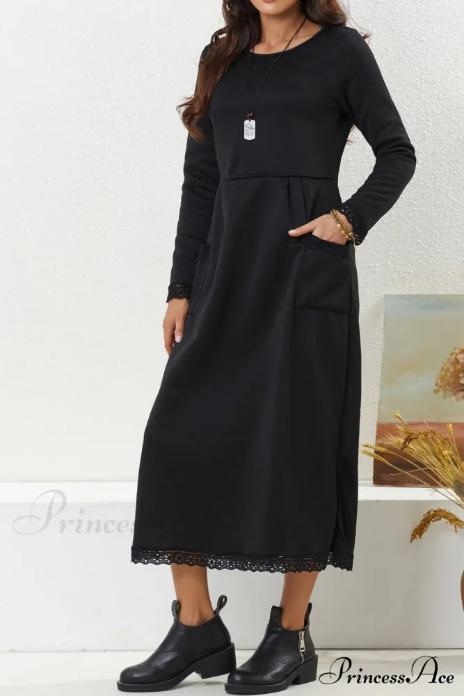 Pocketed Lacework Hem Dress Black / L Midi Dresses