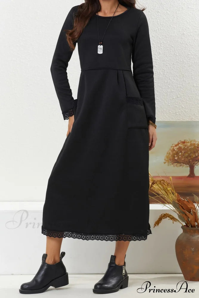 Pocketed Lacework Hem Dress Black / S Midi Dresses