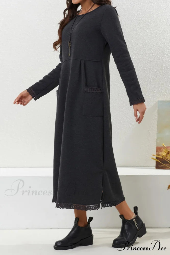 Pocketed Lacework Hem Dress Dark Grey / 4Xl Midi Dresses