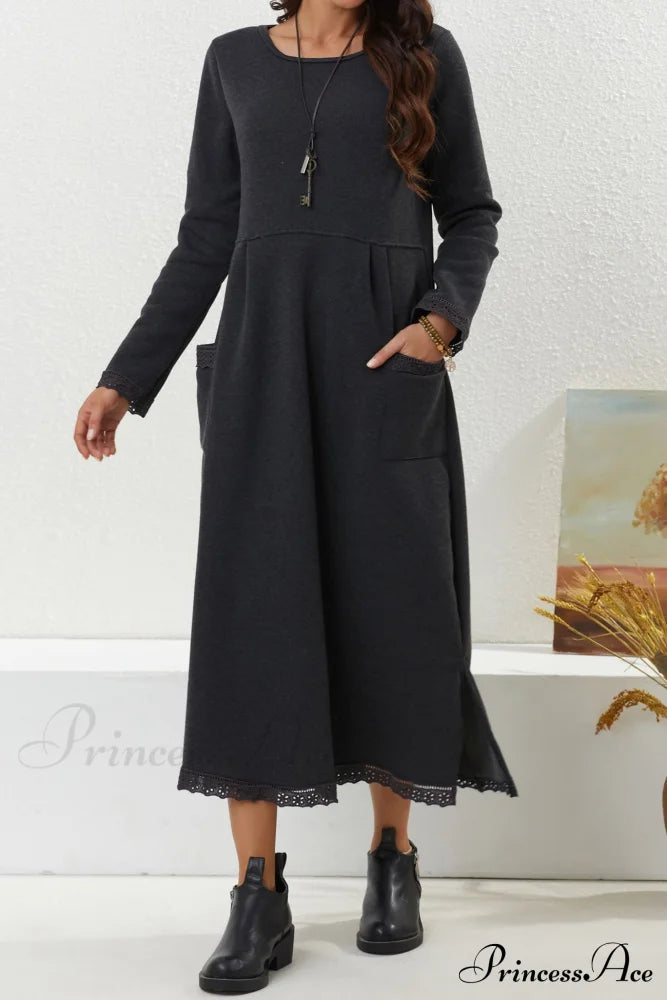 Pocketed Lacework Hem Dress Dark Grey / L Midi Dresses