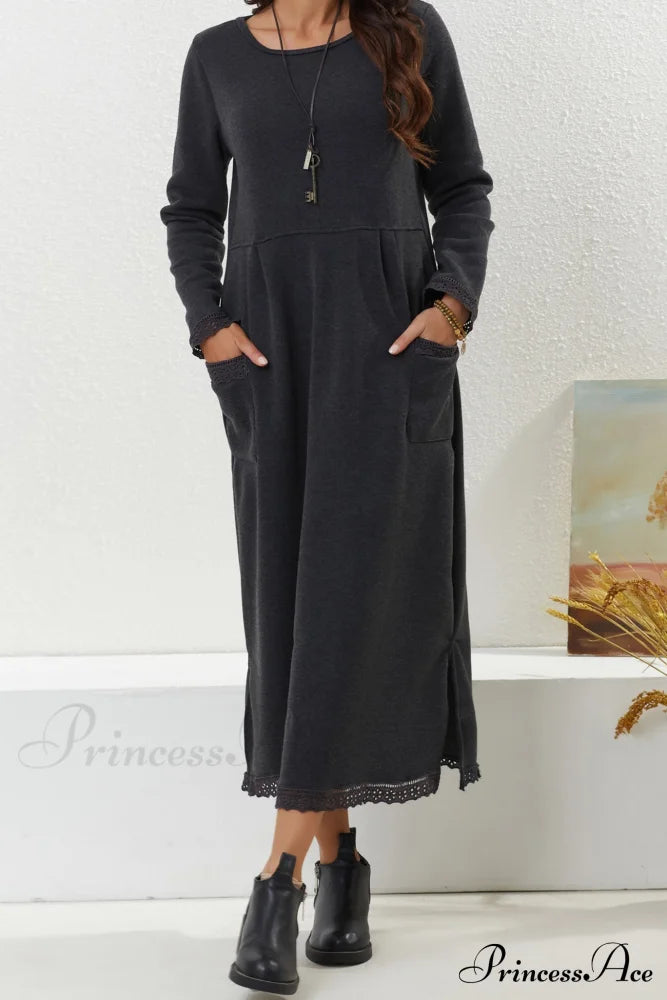 Pocketed Lacework Hem Dress Dark Grey / S Midi Dresses