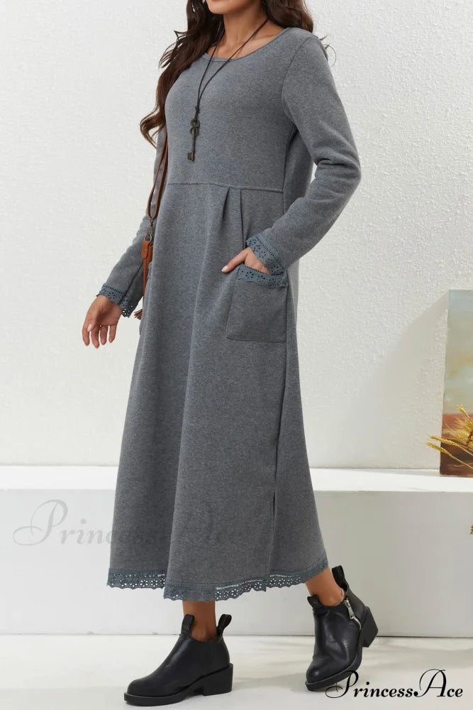 Pocketed Lacework Hem Dress Light Grey / 2Xl Midi Dresses