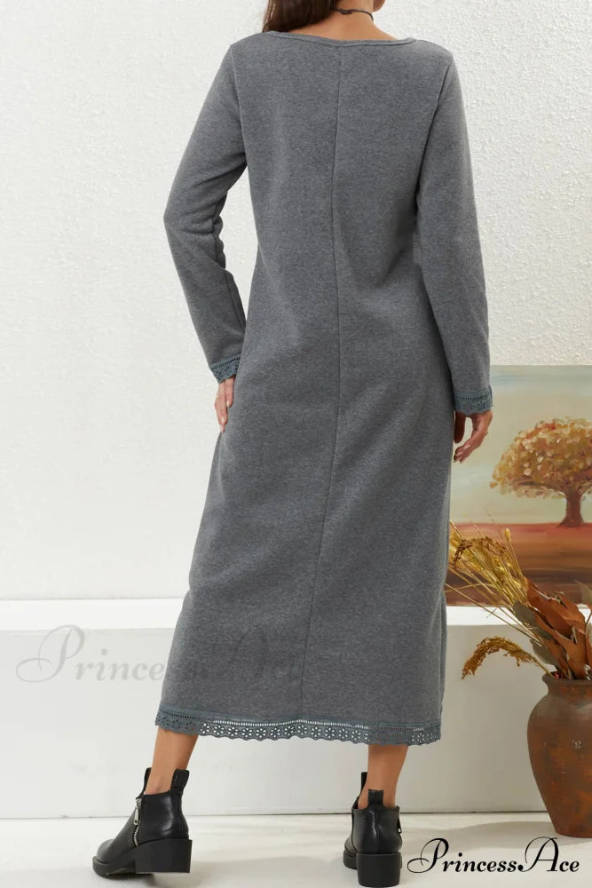 Pocketed Lacework Hem Dress Light Grey / 4Xl Midi Dresses