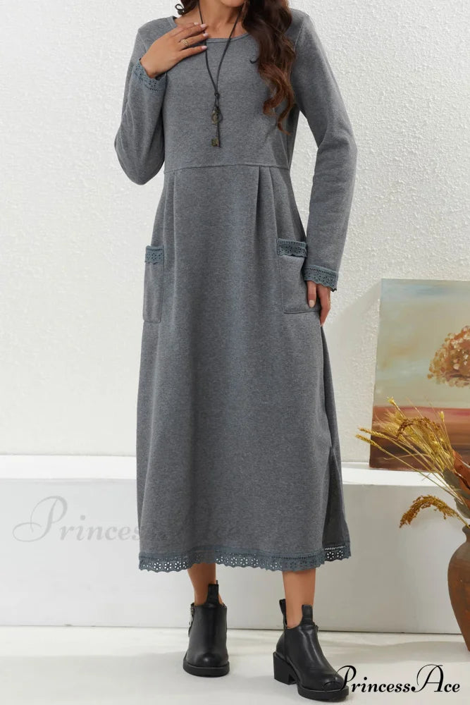 Pocketed Lacework Hem Dress Light Grey / L Midi Dresses