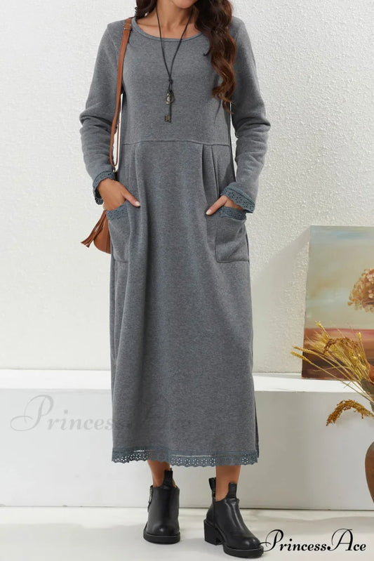 Pocketed Lacework Hem Dress Light Grey / S Midi Dresses