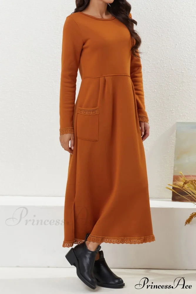 Pocketed Lacework Hem Dress Orange / 2Xl Midi Dresses