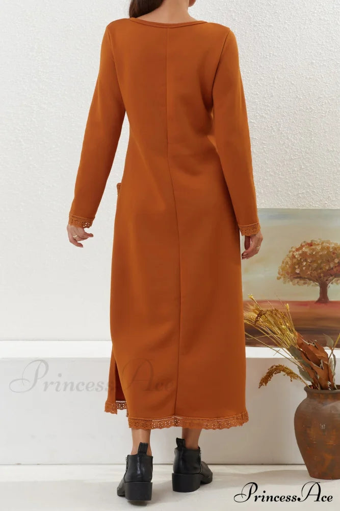 Pocketed Lacework Hem Dress Orange / 4Xl Midi Dresses