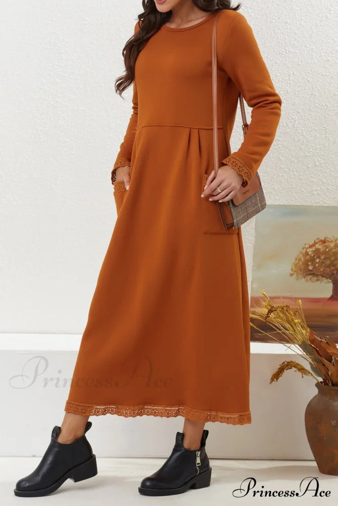 Pocketed Lacework Hem Dress Orange / L Midi Dresses