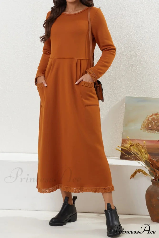 Pocketed Lacework Hem Dress Orange / S Midi Dresses